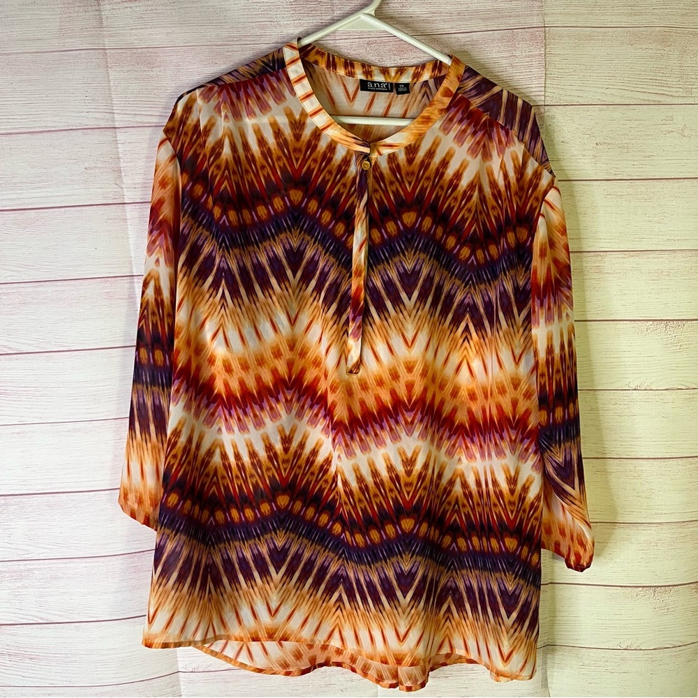 A.N.A. Tie Dye‎ Print Sheer Pull Over 3/4” Hidden Button  Blouse  Size 2X
